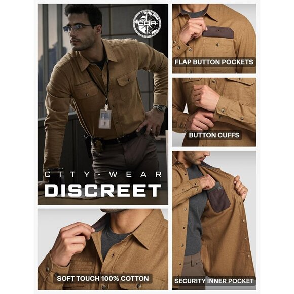 Mens Suede Wheat Brown Cotton Flannel Shirt Long Sleeve Casual Outdoor Plaid - Picture 6 of 9